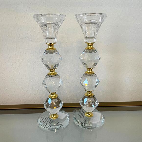 Faceted Crystal & Brass Candlestick Holders 9in Set of 2 Baroque Style NEW - Picture 7 of 10